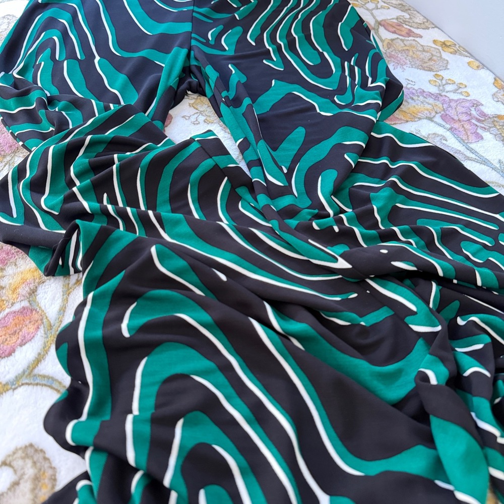 Diane Von Furstenberg Pants Maximalism Green Black Abstract Wave Wide Leg Flare - Picture 7 of 10